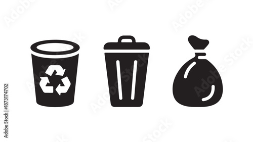 Waste Management Icons in Simple Flat Design with Black Color on White Background for Environmental Awareness