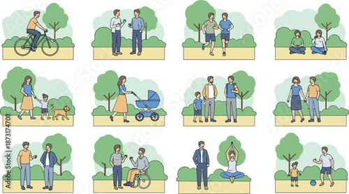Set of diverse people enjoying outdoor activities in public park including cycling jogging walking dog and family time flat vector illustration