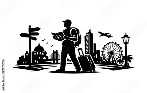 Traveler exploring iconic city landmarks with map and suitcase