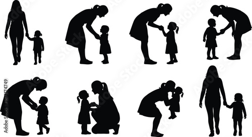 Mother and daughter silhouette set showing parenting care, love and family bonding moments, black vector illustration isolated on white background