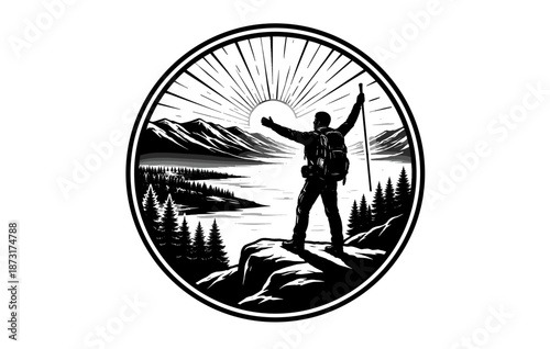 Male hiker celebrates sunrise on mountain peak with scenic lake view