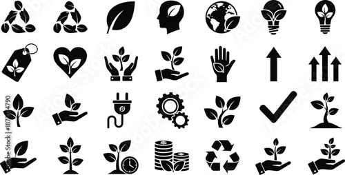 Set of Eco Friendly Ecology Icons Representing Green Energy Environmental Sustainability Organic Growth Recycling Nature Conservation and Sustainable Business Development Symbols