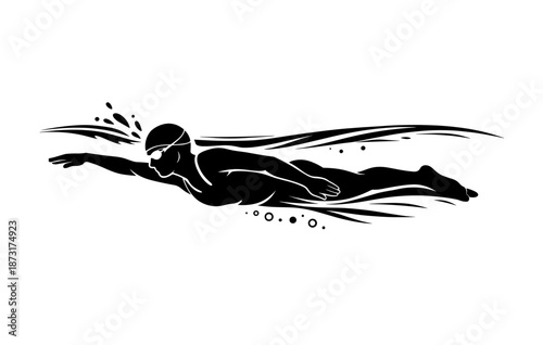 Silhouette of young swimmer performing freestyle stroke with splashing water