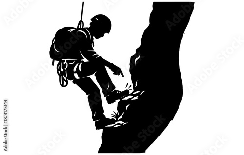 Male figure rock climbing silhouette with gear illustration