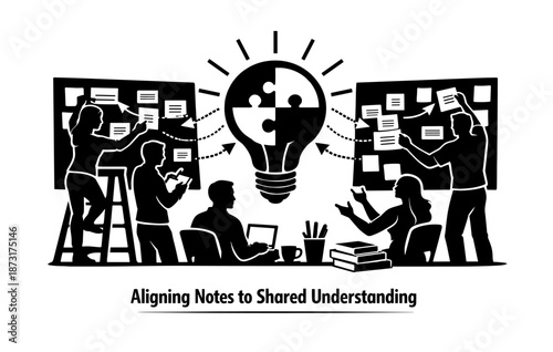 Collaborative team brainstorming with puzzle lightbulb