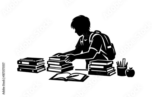 Silhouette of student stacking books with backpack in study area
