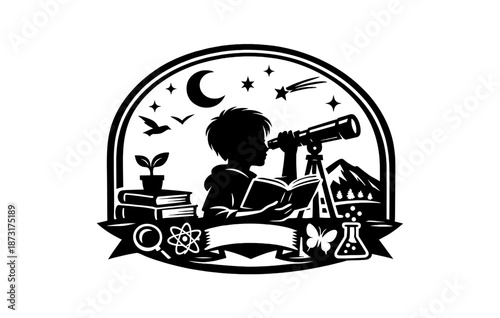 Silhouette of child astronomer exploring the night sky with telescope and books