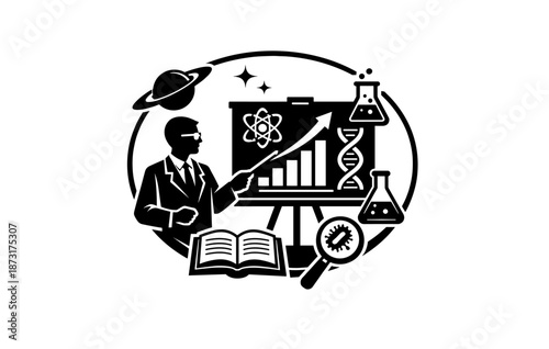 Science education concept with male scientist and laboratory icons in black and white