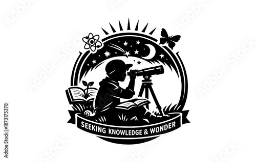 Exploration and discovery: child with telescope under night sky