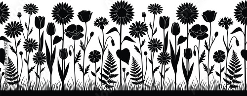 Black silhouette of garden flower border, sunflower, poppy, tulip, daisy, and fern leaves isolated on white background, nature vector illustration.