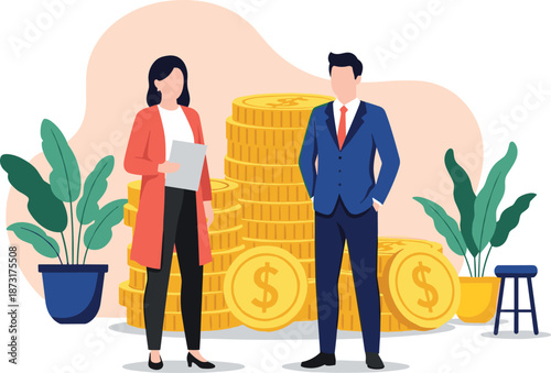 Successful Business Man and Woman Standing in Front of Large Stacks of Gold Coins for Financial Growth Wealth Management and Investment Concept