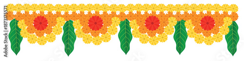 Traditional Indian floral garland with marigold flowers and mango leaves. Decoration for Indian hindu holidays or wedding. Isolated on white. Vector illustration.