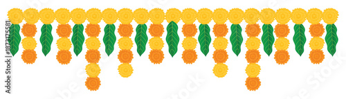 Traditional Indian floral garland with marigold flowers and mango leaves. Decoration for Indian hindu holidays or wedding. Isolated on white. Vector illustration.