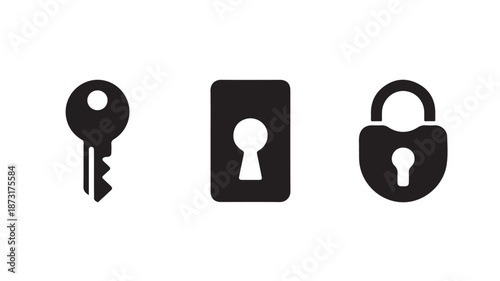 Key, lock, and padlock icons in simple flat design with black color on white background for security and protection