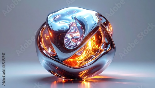 Futuristic AI core made of glass and liquid metal on solid background 3D render.