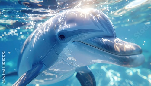 Ultra-realistic close-up of a dolphin underwater with cinematic light caustics and detailed skin texture.