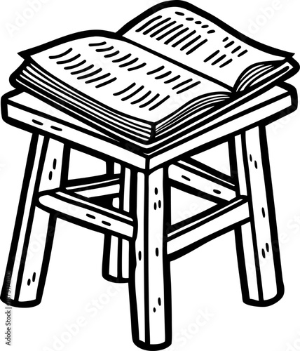Wooden stool with an open book on top, simple rustic furniture and reading concept