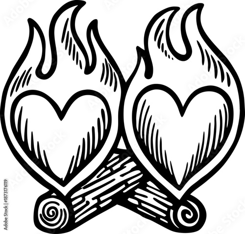 Two flaming hearts above crossed logs, burning firewood with heart shaped flames illustration