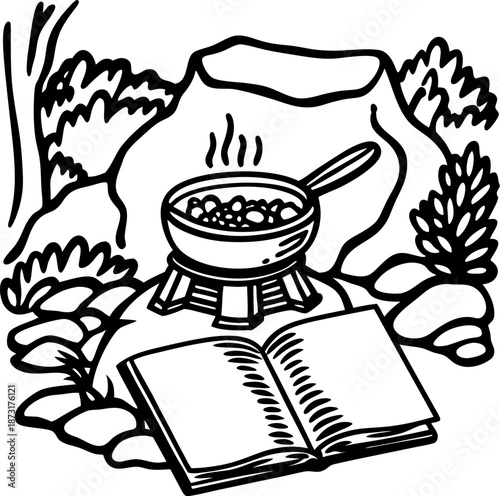 Campfire cooking with pot over fire and open book outdoors by rocks and trees