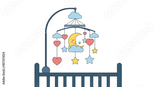 Sweet baby crib mobile featuring a sleeping moon, fluffy clouds, colorful hearts, and stars hanging on a dark blue frame.