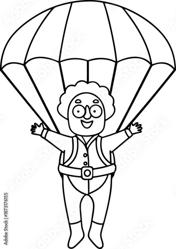 Smiling man parachuting with round glasses and curly hair, open arms during descent