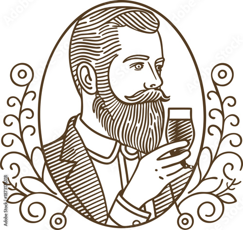 Vintage gentleman with beard and mustache drinking beer, elegant man in suit holding glass