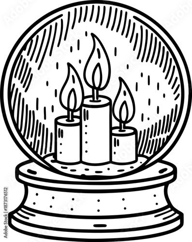 Decorative candle holder with three lit candles inside glass dome, ornamental home decor design