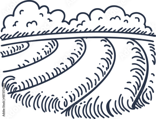 Curved farmland with furrows and bushes, agricultural landscape sketch in black and white