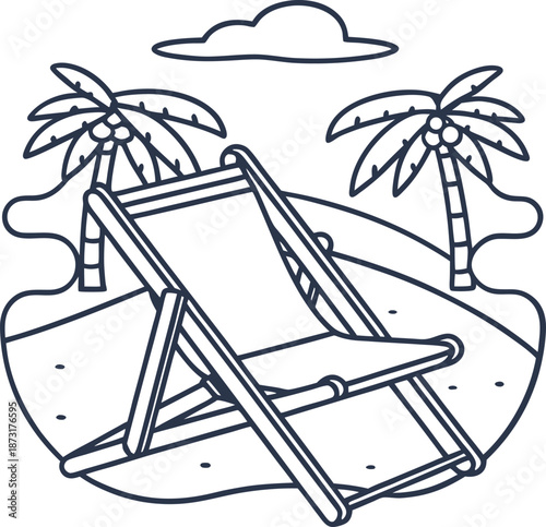 Beach chair on sandy shore with palm trees and cloud in tropical island setting
