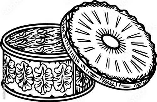 Decorative round box with floral design and open lid displaying textured contents