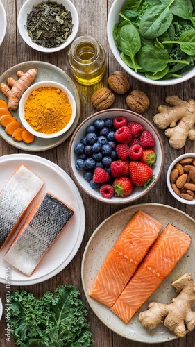 A healthy and delicious array of fresh ingredients, including vibrant salmon, assorted berries, and essential herbs. This visual treat embodies wholesome eating, vitality, and the art of cooking.