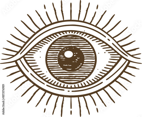 Detailed hand drawn eye with radiating lines, vintage mystical design, spiritual and symbolic illustration