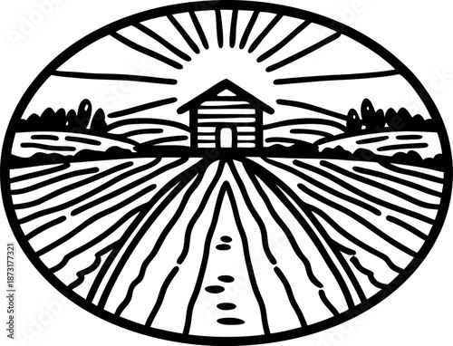 Farm landscape with barn and cultivated fields at sunrise in oval frame