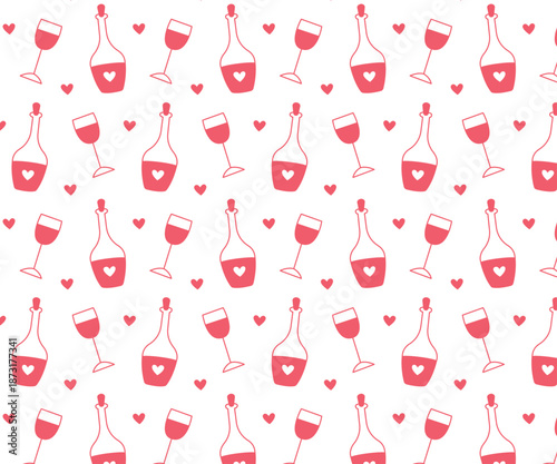 Doodle pattern of bottles and wine glasses. Isolated background. Vector icons