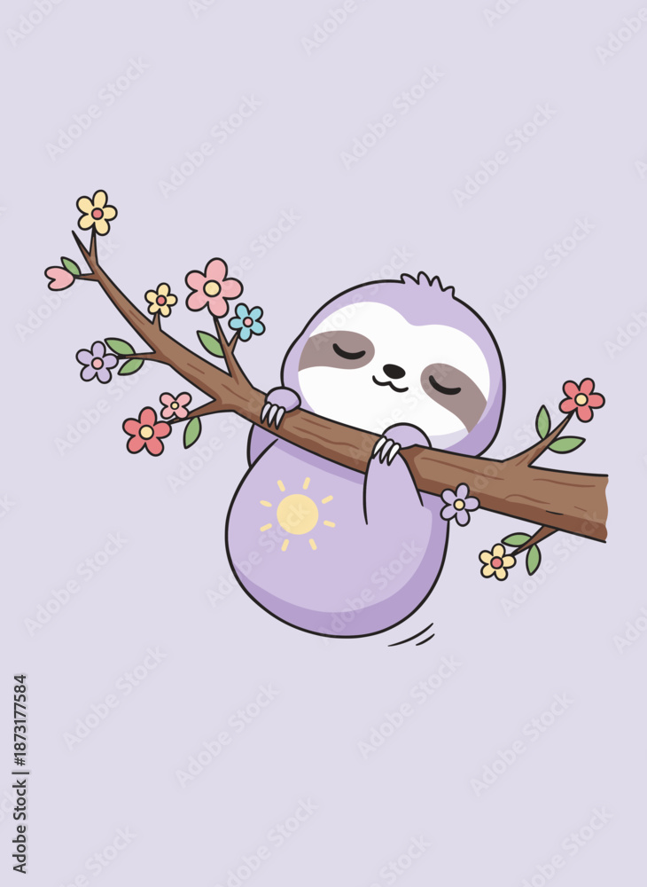 Fototapeta premium Cute cartoon sloth sleeping on a blooming tree branch with colorful flowers, adorable animal illustration for kids nursery and greeting cards