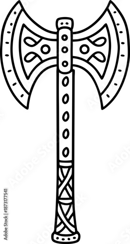 Double headed viking axe with intricate carvings and decorated handle, medieval weapon design