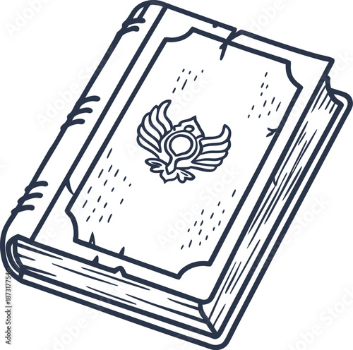 ancient book with winged emblem on cover, vintage closed manuscript illustration