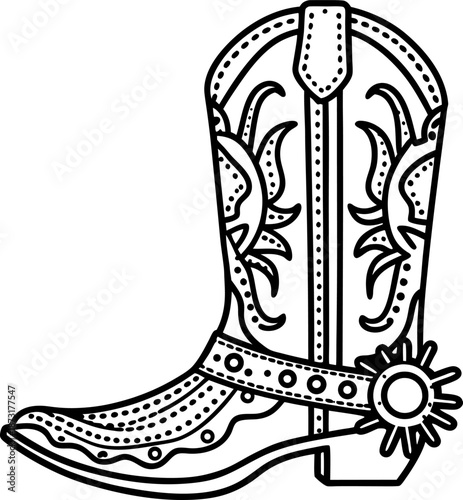 Classic cowboy boot with decorative patterns and spurs in black and white line art