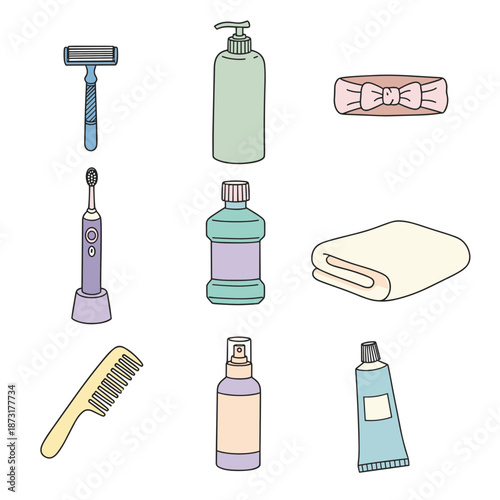 Personal Hygiene and Bathroom Essentials Set Featuring Razor Toothbrush Mouthwash Comb and Skincare Products for Daily Grooming