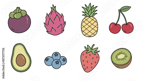 Selection of Tropical Fruits Flat Icons Featuring Dragon Fruit Pineapple Mangosteen Avocado and Berries for Healthy Diet Design