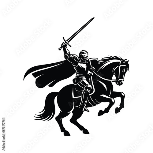 A knight on horseback charges forward with sword raised high in a dynamic illustration