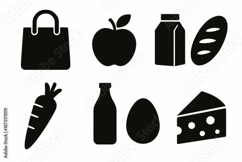 Grocery icons: food and beverage symbols including bag, apple, and cheese