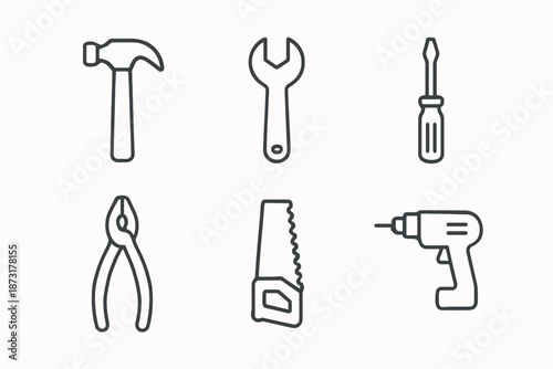 Set of hand tools and power drill - hammer, wrench, screwdriver, pliers, saw