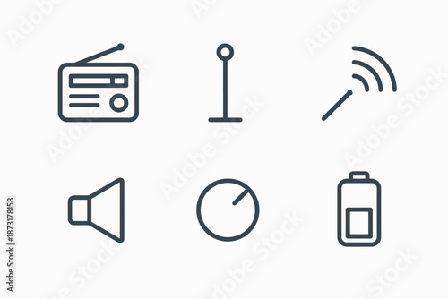 Minimalist audio technology icons set with battery and signal symbols