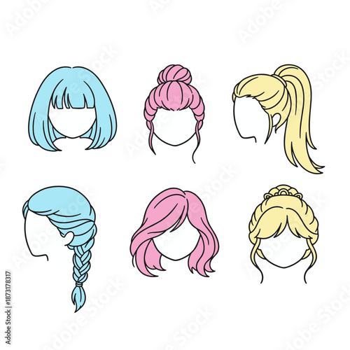 Collection of various female hairstyles and hair colors including braid, bun, ponytail, and bob cut, beauty and salon vector illustration elements for design