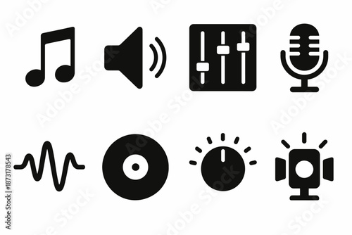 Music and sound icons: notes, speakers, microphone, vinyl, equalizer, waveform