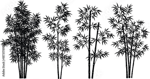 Dense bamboo grove silhouette set, Asian forest plants collection, black bamboo trees, detailed foliage shapes, oriental zen nature vector illustration