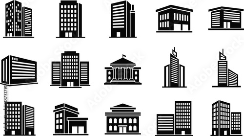 Black Modern City Building Icon Set Featuring Urban Office Towers, Corporate Architecture Silhouettes, Isolated Vector Collection for UI, Apps, Branding