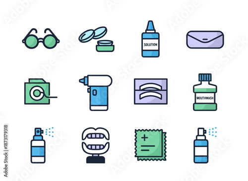 Dental Care and Personal Hygiene Product Icons Set with Glasses Contact Lenses Mouthwash Dental Floss and Oral Health Equipment