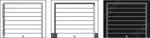 Garage door illustration set, modern sectional overhead doors, residential and industrial styles, clean architectural outlines, minimal exterior building elements vector design
